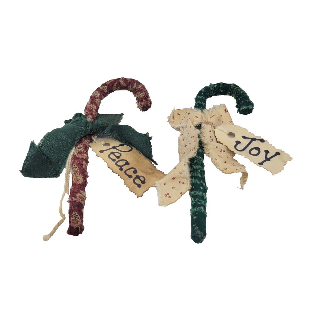 Primitive Candy Cane Ornament Set 2 Fabric Farmhouse Country Peace, Joy #7